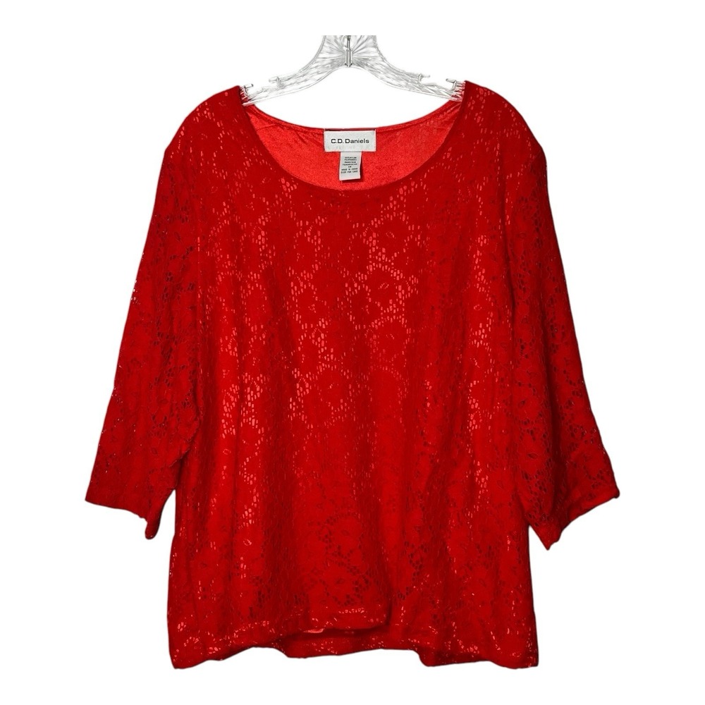 CD Daniels‎ Women Red Lace 3/4 Sleeve Top Plus Size 1X